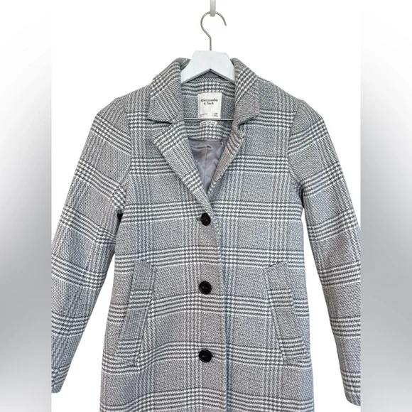 Abercrombie & Fitch Wool Blend The Dad Coat Houndstooth Gray Plaid Size XSP - Picture 5 of 16